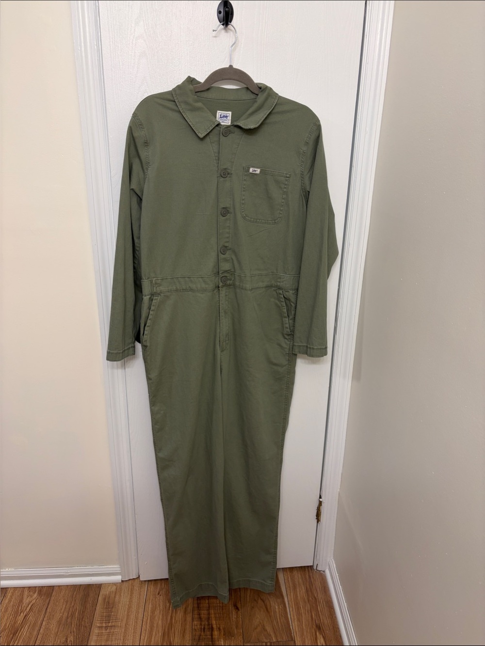 Olive Green Button-Front Women’s Size Large Lee Cotton Jumpsuit